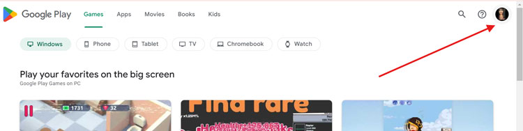 Google Play homepage highlighting the user profile icon in the top right corner