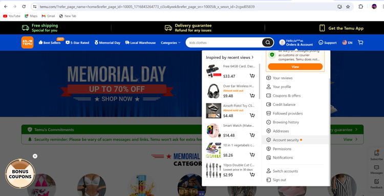 Temu User Account Settings with Account Security Option Highlighted in Desktop