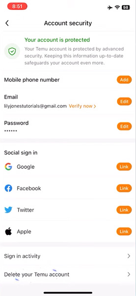 Temu account security settings with options to add phone, email, social sign-ins and delete Temu account