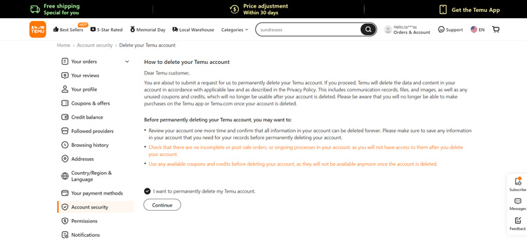 Permanently Delete Temu Account Confirmation Page