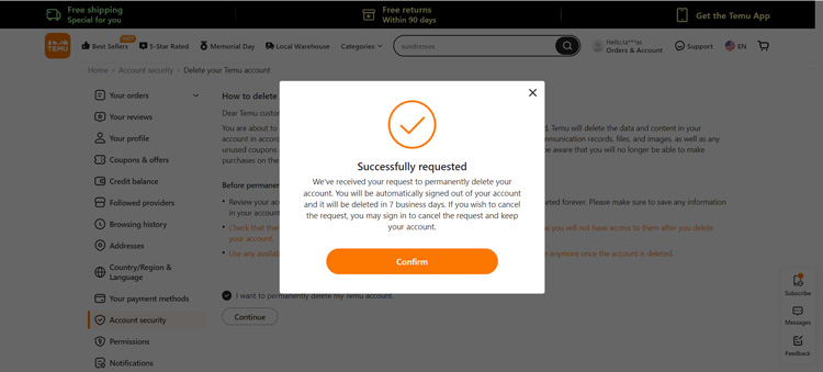 Temu Account Deletion Success Message