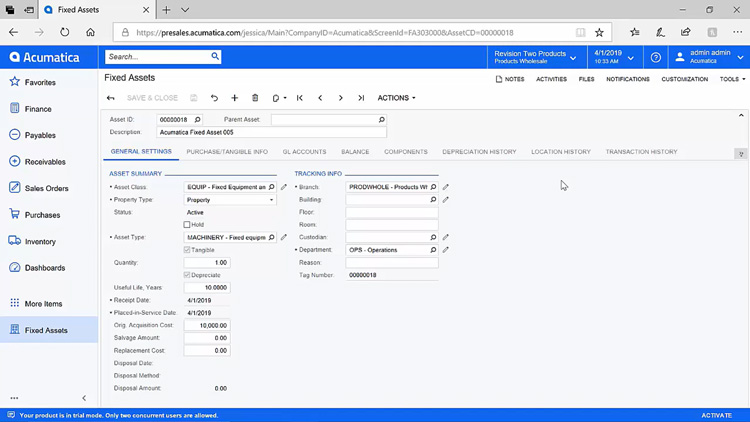 Acumatica Fixed Assets screen displaying asset details and tracking info