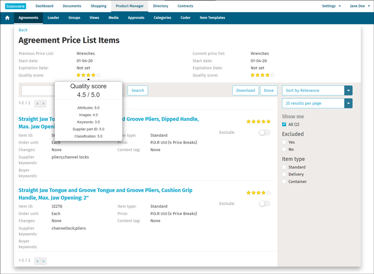 Agreement Price List Items interface with item details and quality score in Basware