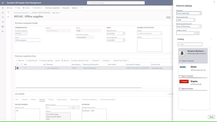 Dynamics 365 Supply Chain Management screen for purchase requisitions