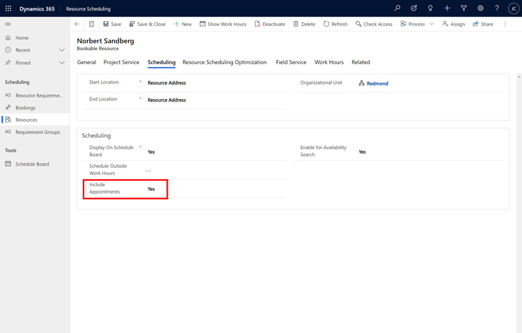 Dynamics 365 Resource Scheduling screen showing scheduling details and appointment inclusion