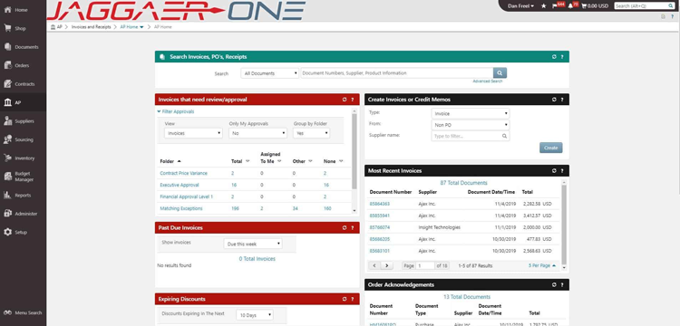 Jaggaer One customizable dashboard