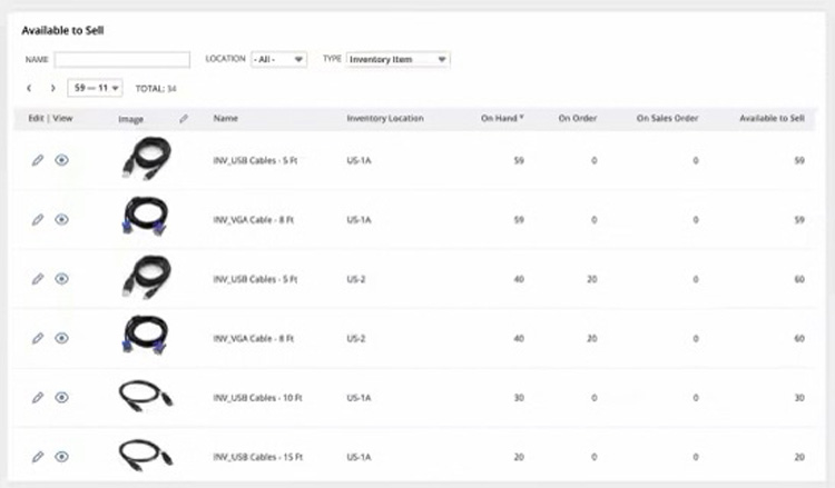 Netsuite Inventory Management available to Sell screen showing inventory details and stock levels