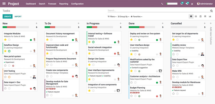 Odoo project management dashboard with tasks organized by status columns