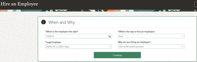 Oracle Fusion Cloud hire an Employee screen showing fields for hire date, employer, and reason
