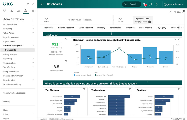 UKG Pro dashboard displaying headcount and seniority by business unit.