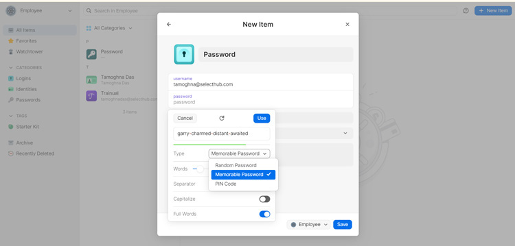 Creating a new password in 1Password with customizable options