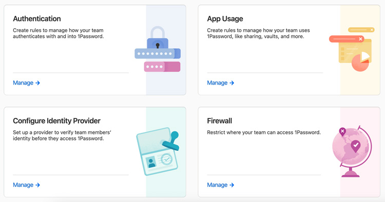 1Password management options: authentication, app usage, identity, firewall