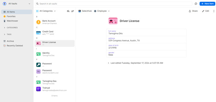 Driver license details stored securely in 1Password under vault categories