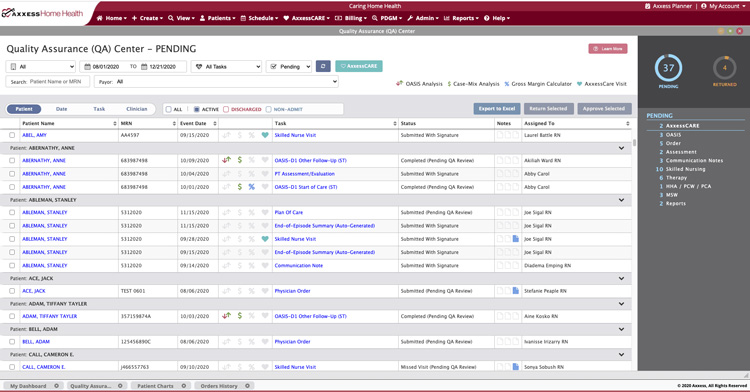 Axxess Quality Assurance QA Center dashboard showing pending tasks