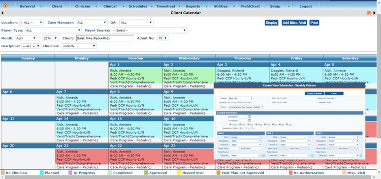 Client calendar showing clinician schedules and visit status in KanTime