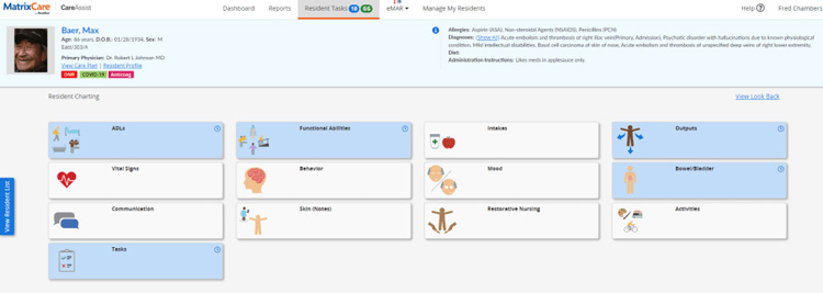 MatrixCare resident charting dashboard with various task categories