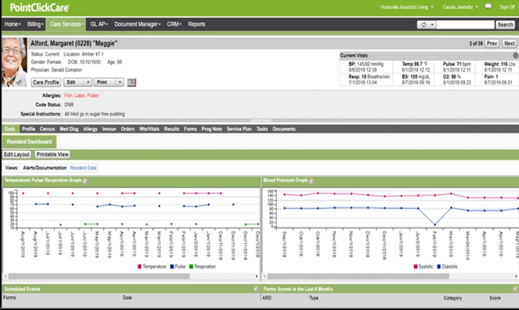 PointClickCare resident dashboard with vitals and health graphs