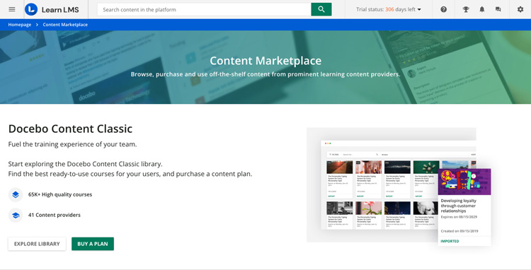 Learn LMS content marketplace screen showcasing Docebo Content Classic