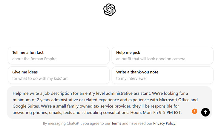 ChatGPT interface displaying prompts and a user request for a job description
