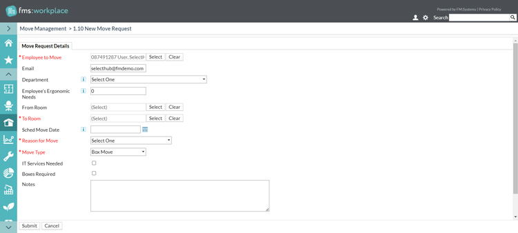 FMS move request form showing employee details and move options