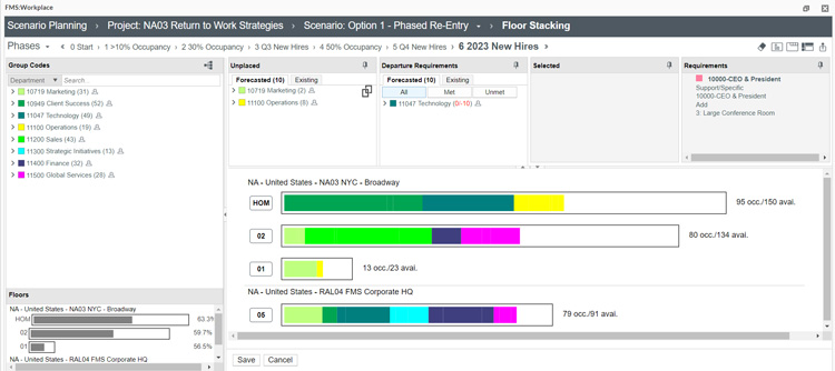 FMS interface showing scenario planning and floor stacking data