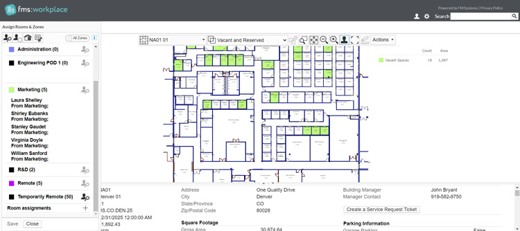 FMS dashboard showing office space layout and room assignments