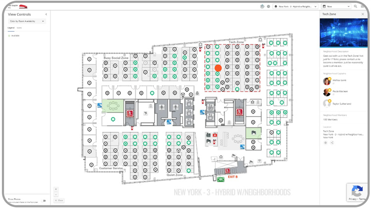 OfficeSpace office floor plan showing desk availability, zones, and employee assignments