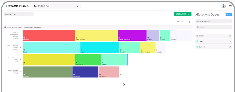 Stack Plans interface showing workspace allocations by department and floors