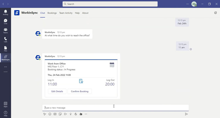 WorkInSync interface in Microsoft Teams showing an office booking confirmation