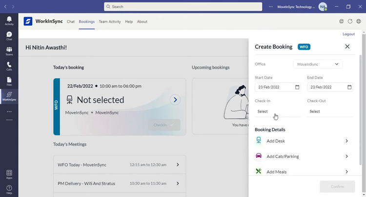 WorkInSync dashboard in Microsoft Teams showing booking creation options and meeting details