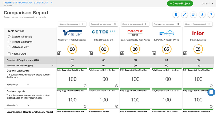 ERP Solutions Comparison Table in SelectHub Express App