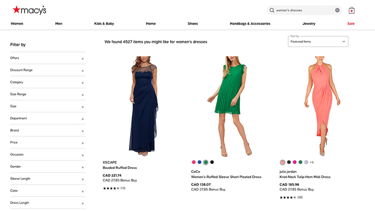 Online shopping page showing women's dresses with filters and prices