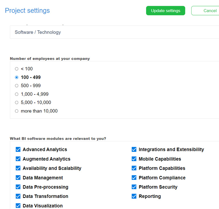 Project Project settings page selecting company size and relevant BI modules in SelectHub Express App