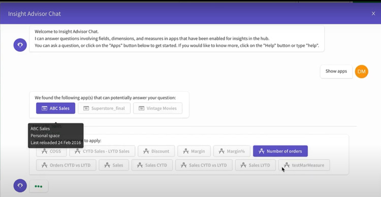 Qlik Insight Advisor Chat interface for querying data and selecting metrics