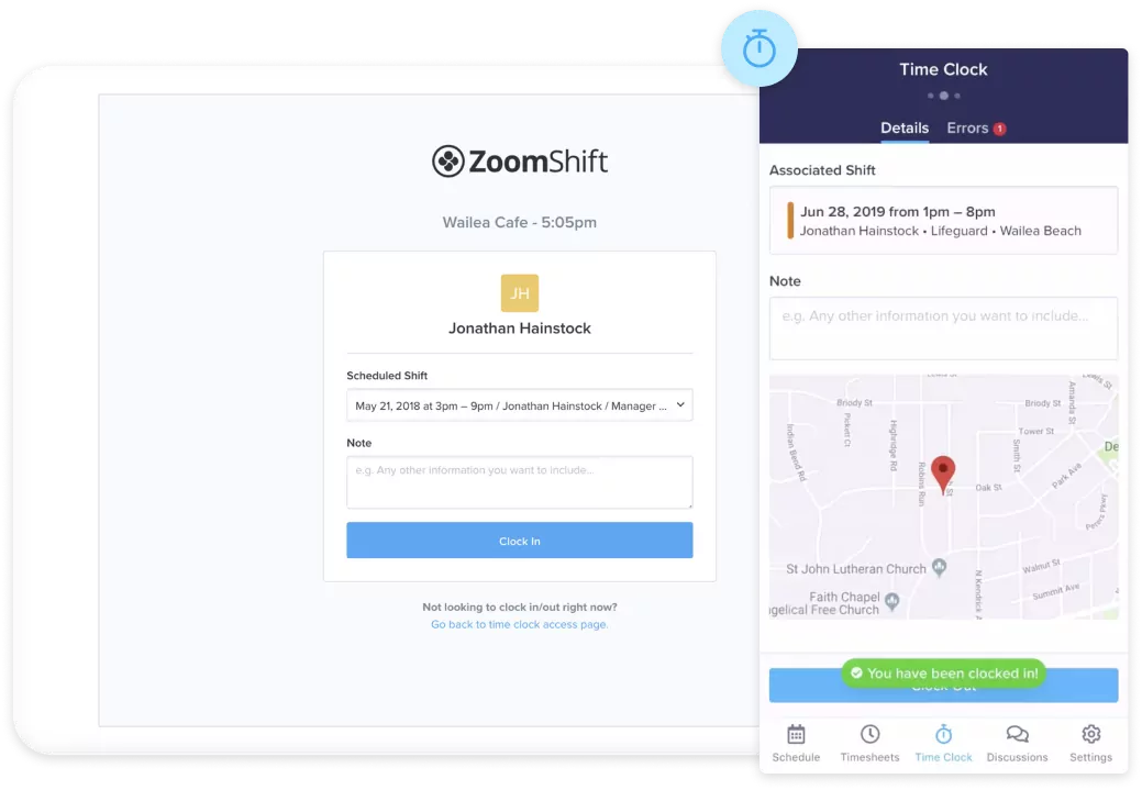 ZoomShift time clock interface with shift details and location map.