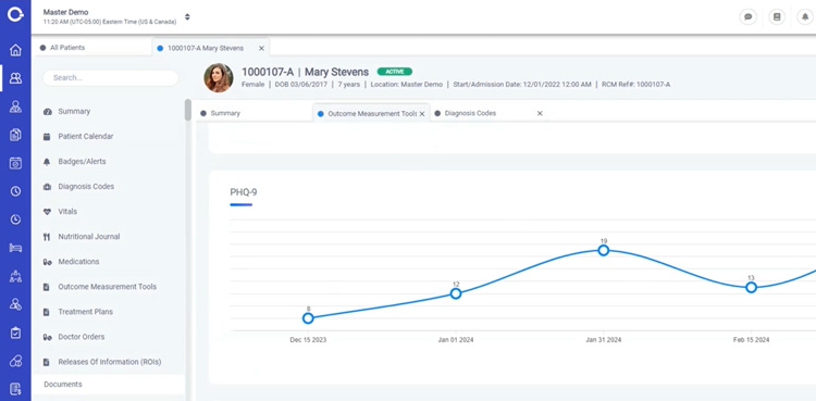 Opus patient dashboard displaying PHQ-9 score trends over time