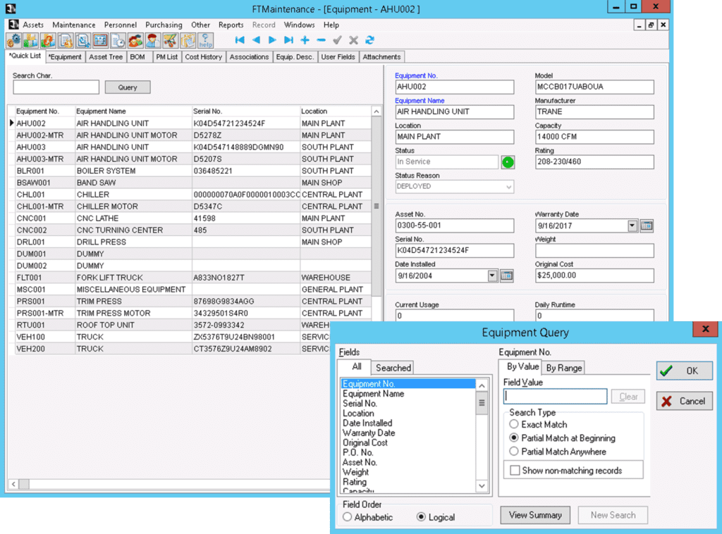 FTMaintenance offers intuitive equipment management and asset profiles to keep your information organized and easily accessible