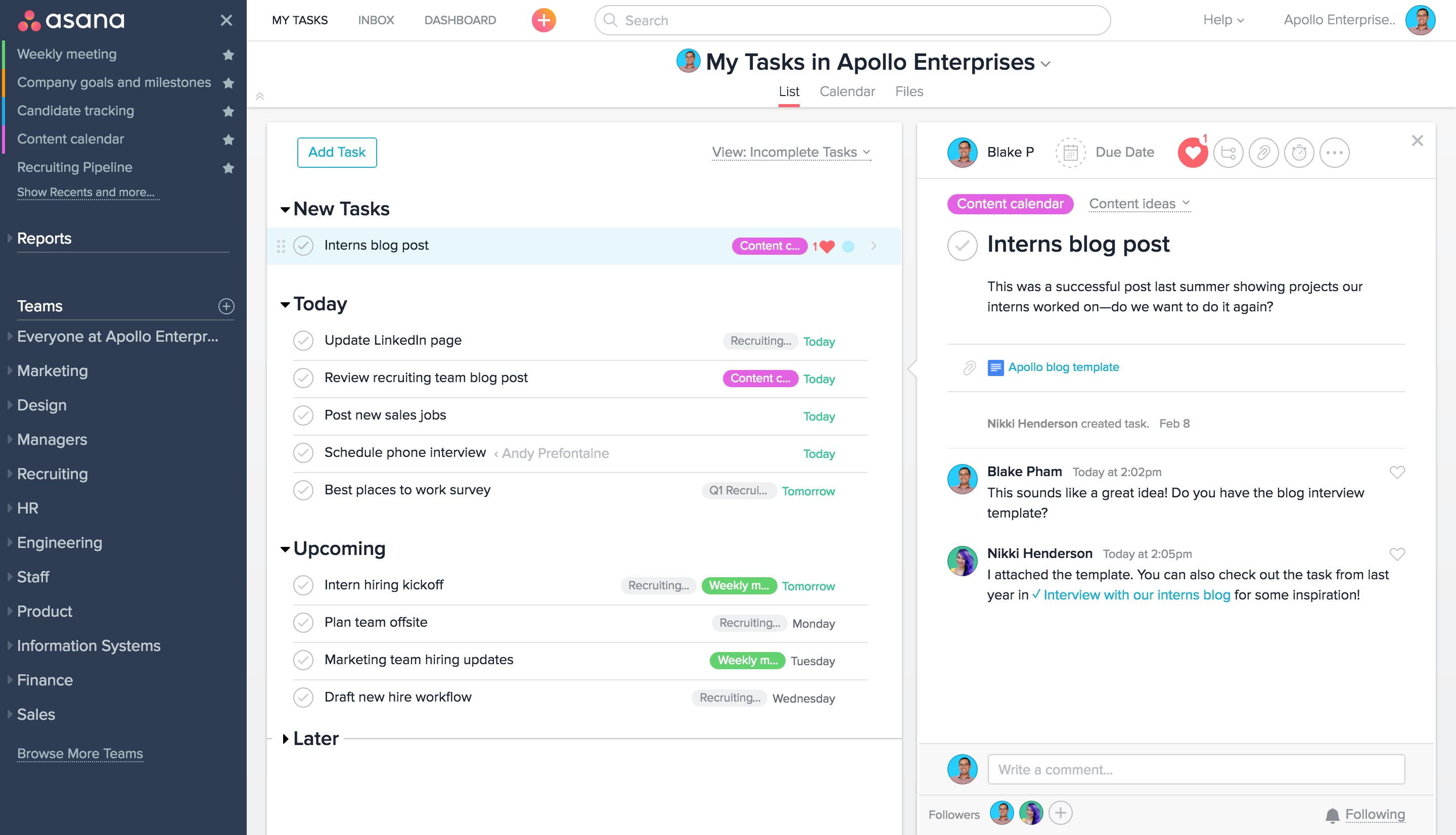 Asana task management dashboard showing team tasks, upcoming activities, and task collaboration details