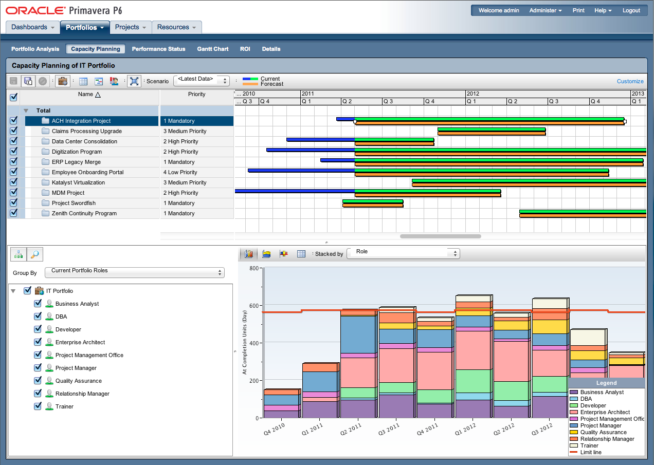 Oracle Primavera P6 capacity planning dashboard showing project timelines and resource allocation by role