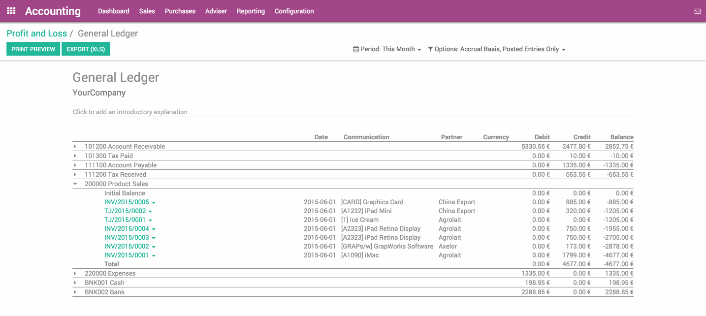 Preview of Odoo Accounting’s General Ledger