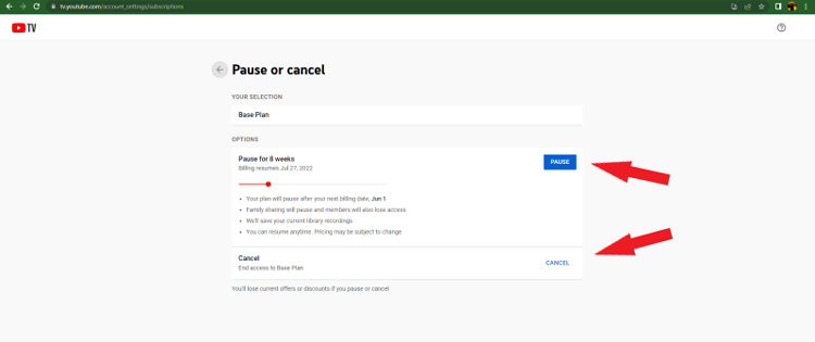 Cancel or Pause YT TV subscription