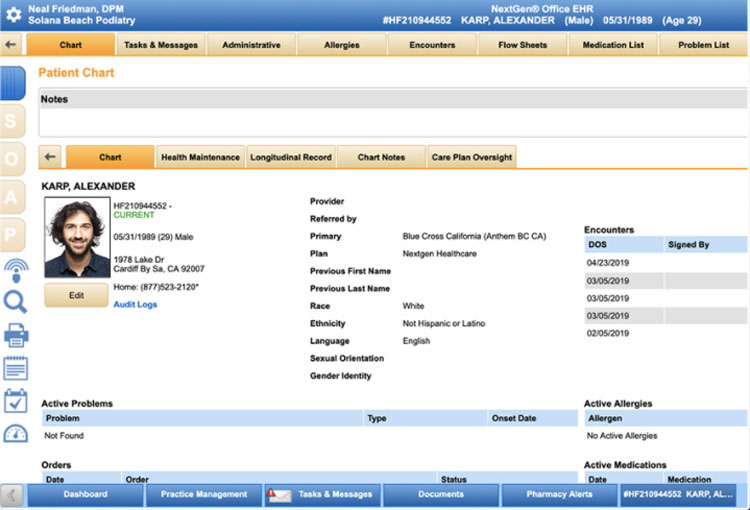 NextGen EHR patient chart with demographics and notes