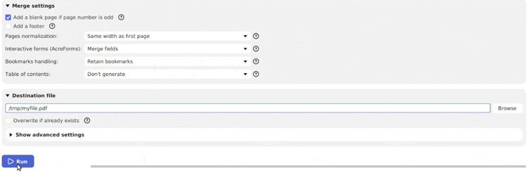 Setting up the merged PDF document in PDF Sam