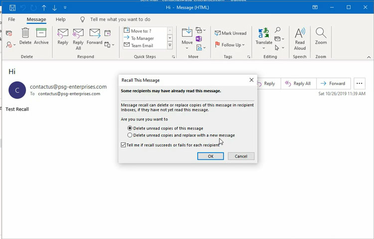 Confirmation Message to Recall a Message in Outlook