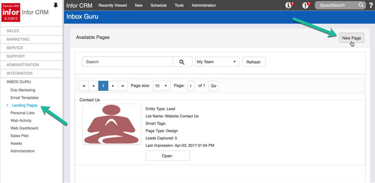 Infor CRM Landing Page Management