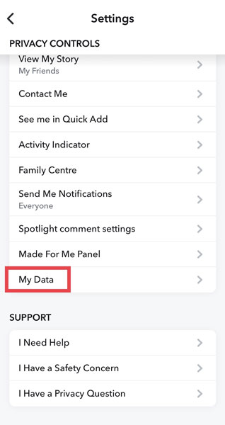 Snapchat My Data Settings