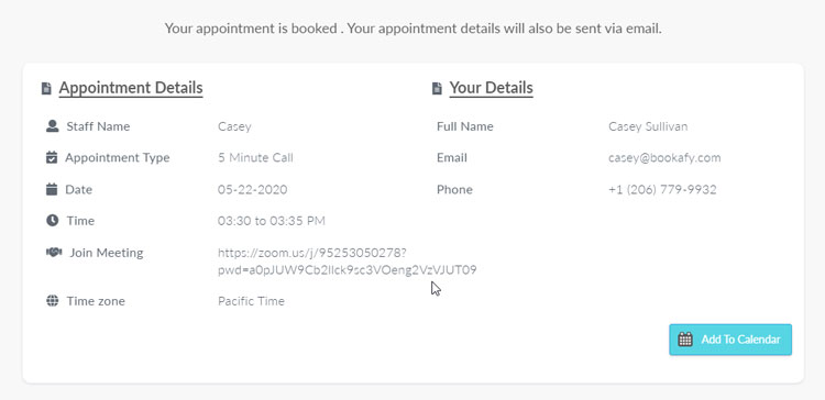 Appointment Confirmation Details in Bookafy