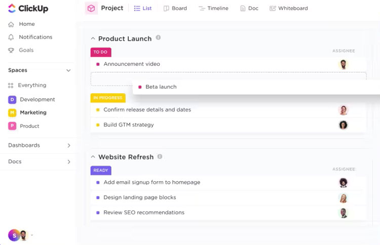 List Mode Project Management Dashboard in ClickUp