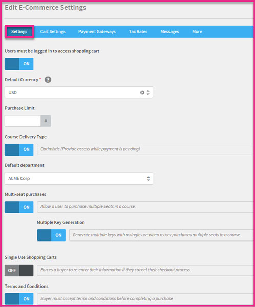 Absorb LMS eCommerce Settings