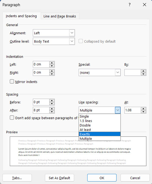 Paragraph Dialog Box in MS Word